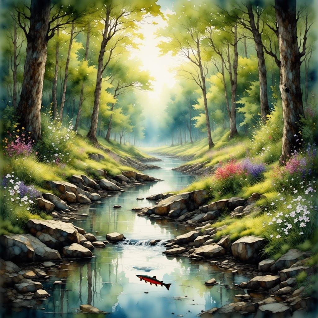 Spring in a peaceful, shady woods.  Shrubs form new leaves, trillium emerge from the leaf litter, moss covered stones li...