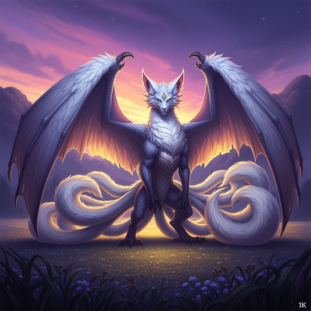 Majestic Dragon-Fox Hybrid in Dark Fantasy Style