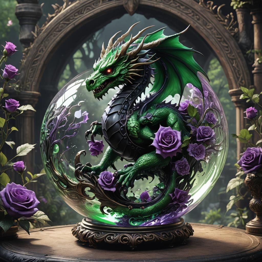 Green and Lavender Glass Dragon with Skull