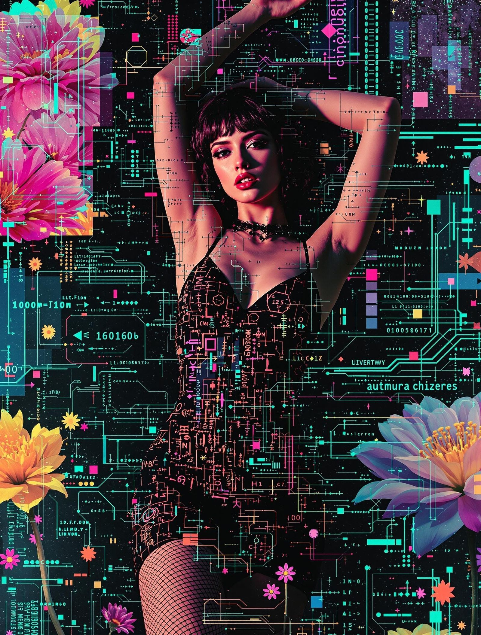 Digital Glitch Art: Cyberpunk Woman in Fractal Overlay