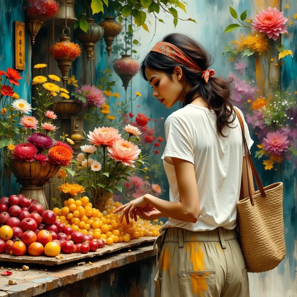 Woman Shopping for Flowers in Vibrant Bazaar