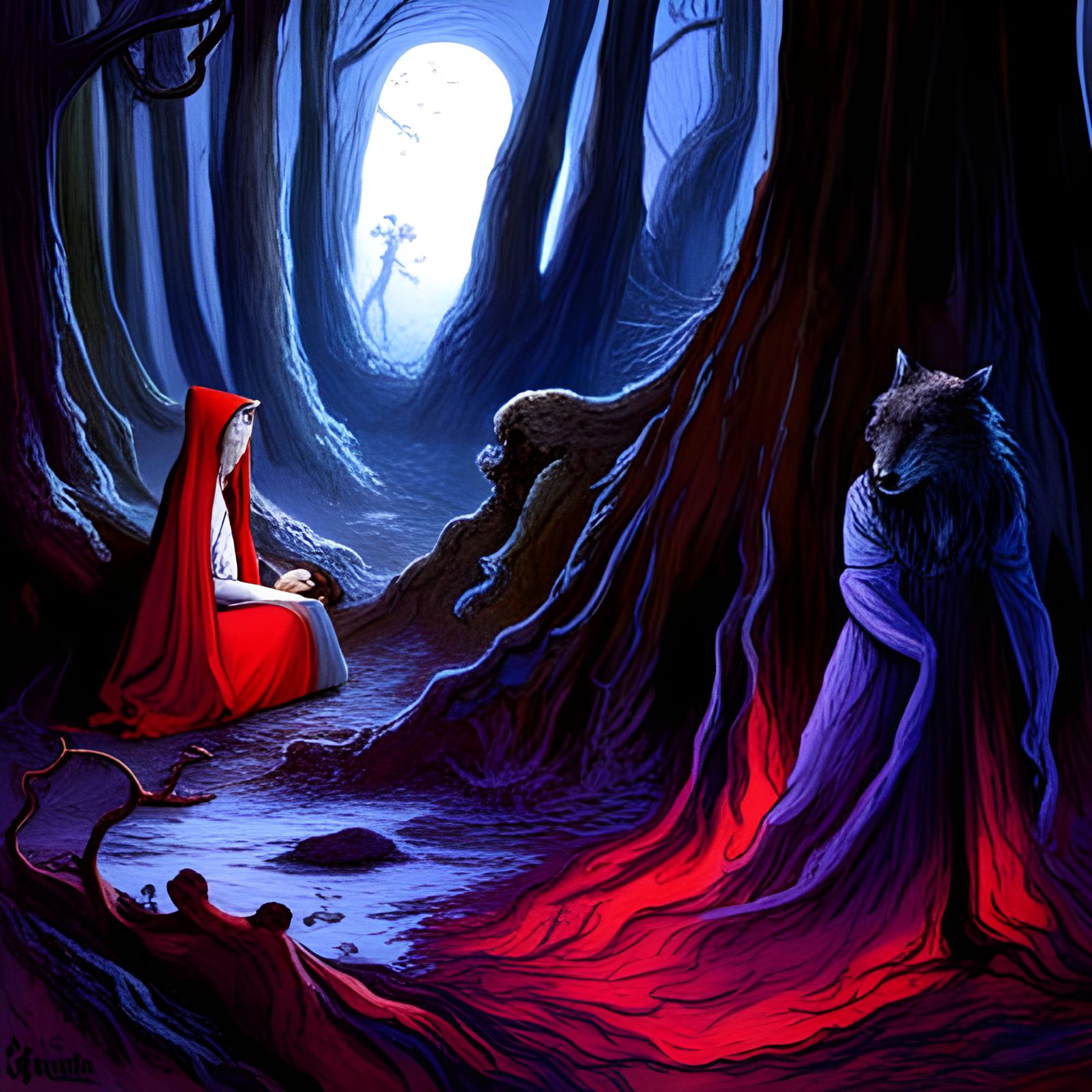Red Riding Hood and the Wolf in Forest