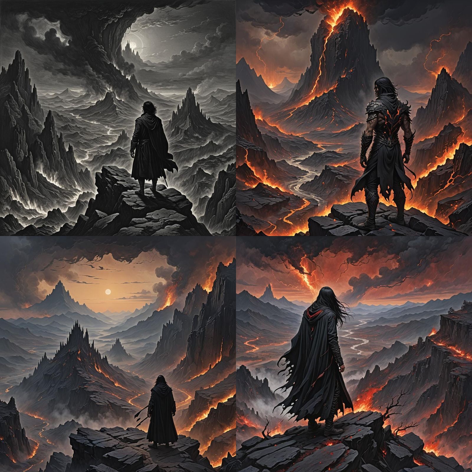 Mystical Figure Overlooking Fiery Landscape in Horror Style