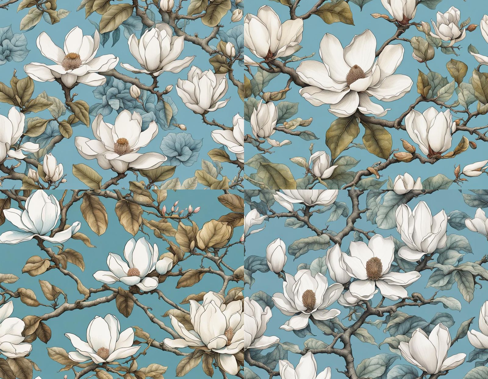 Magnolia Tree: Detailed Botanical Illustration in Ink Style