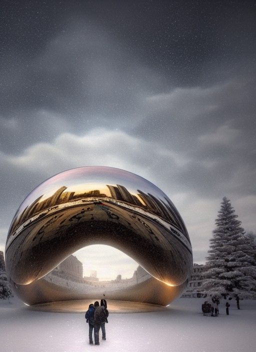Winter Village Cloud Gate: Hyperrealistic Illustration
