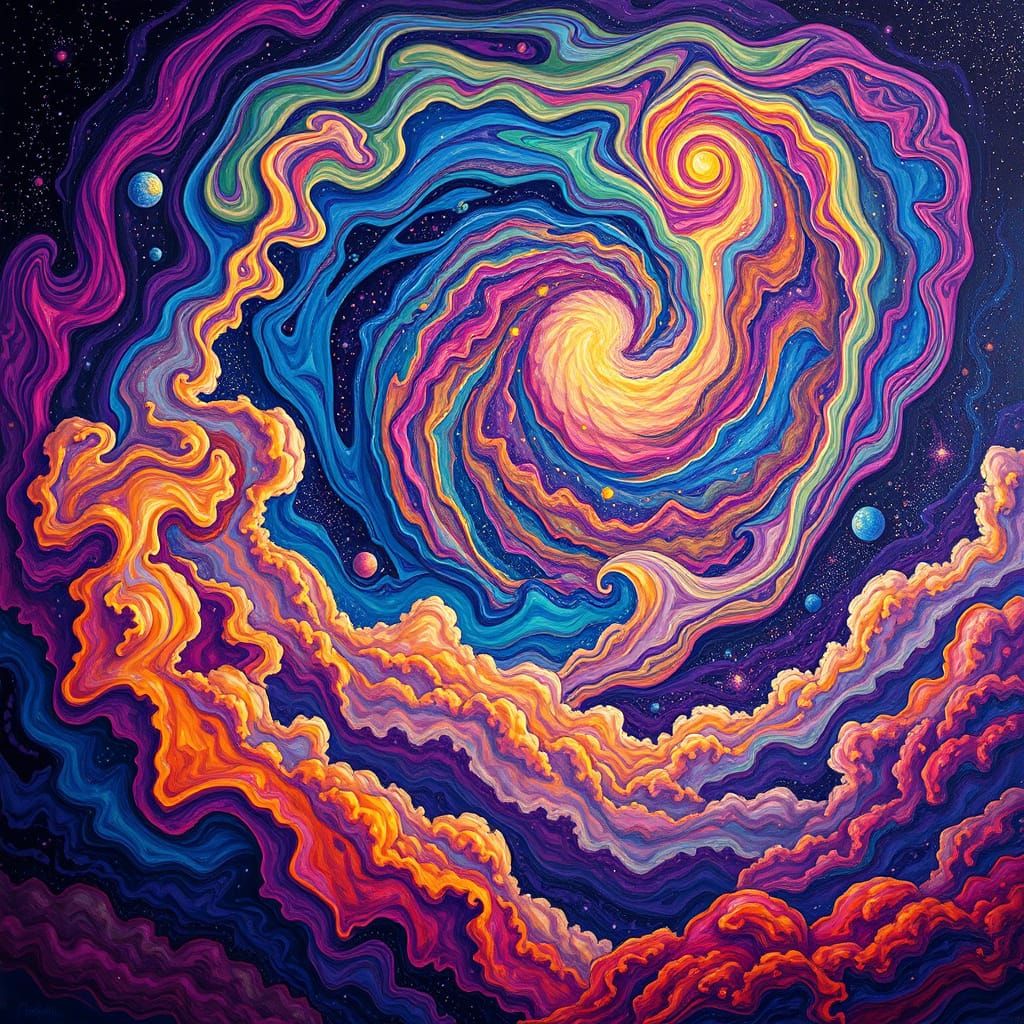 Vibrant Cosmic Landscape with Holographic Astral Clouds