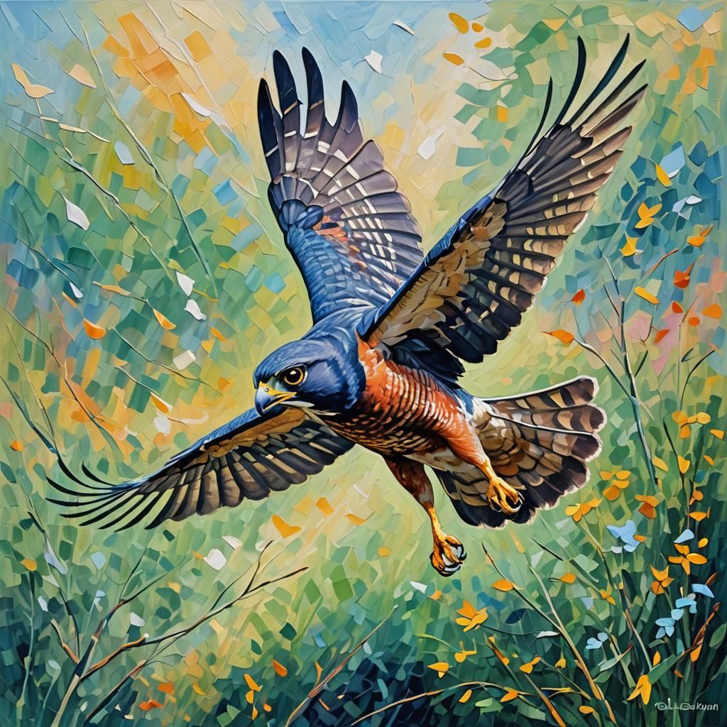 Sparrowhawk in Flight: Expressionist Oil Painting