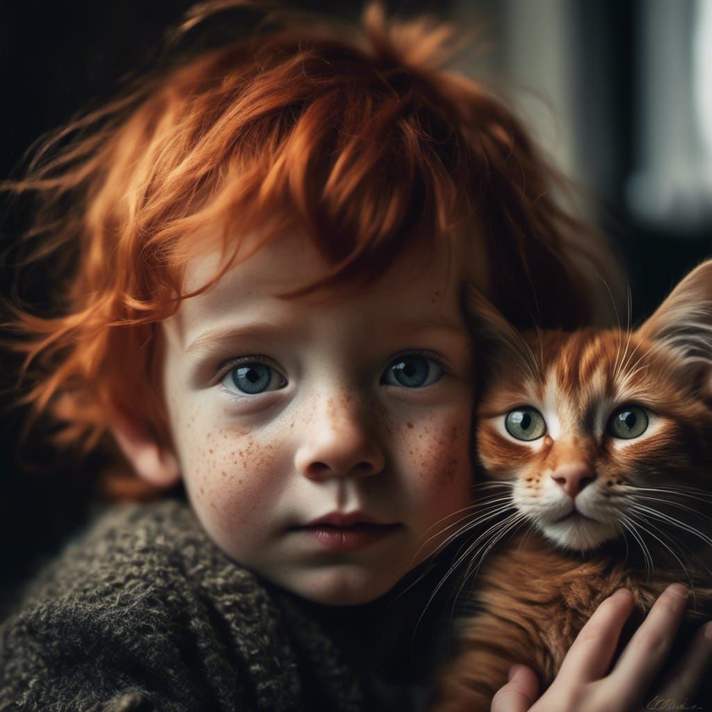 Redhead Toddler and Ginger Cat in Nostalgic Setting