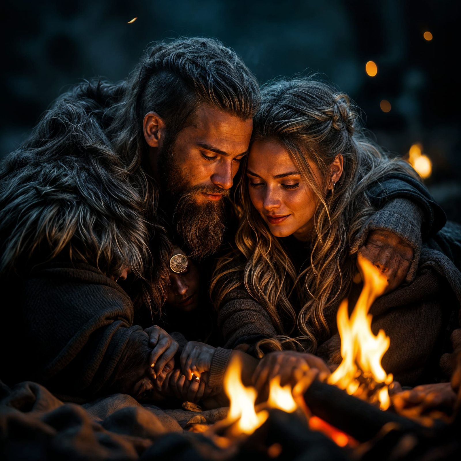 Viking Lovers Embrace in Firelight Portrait