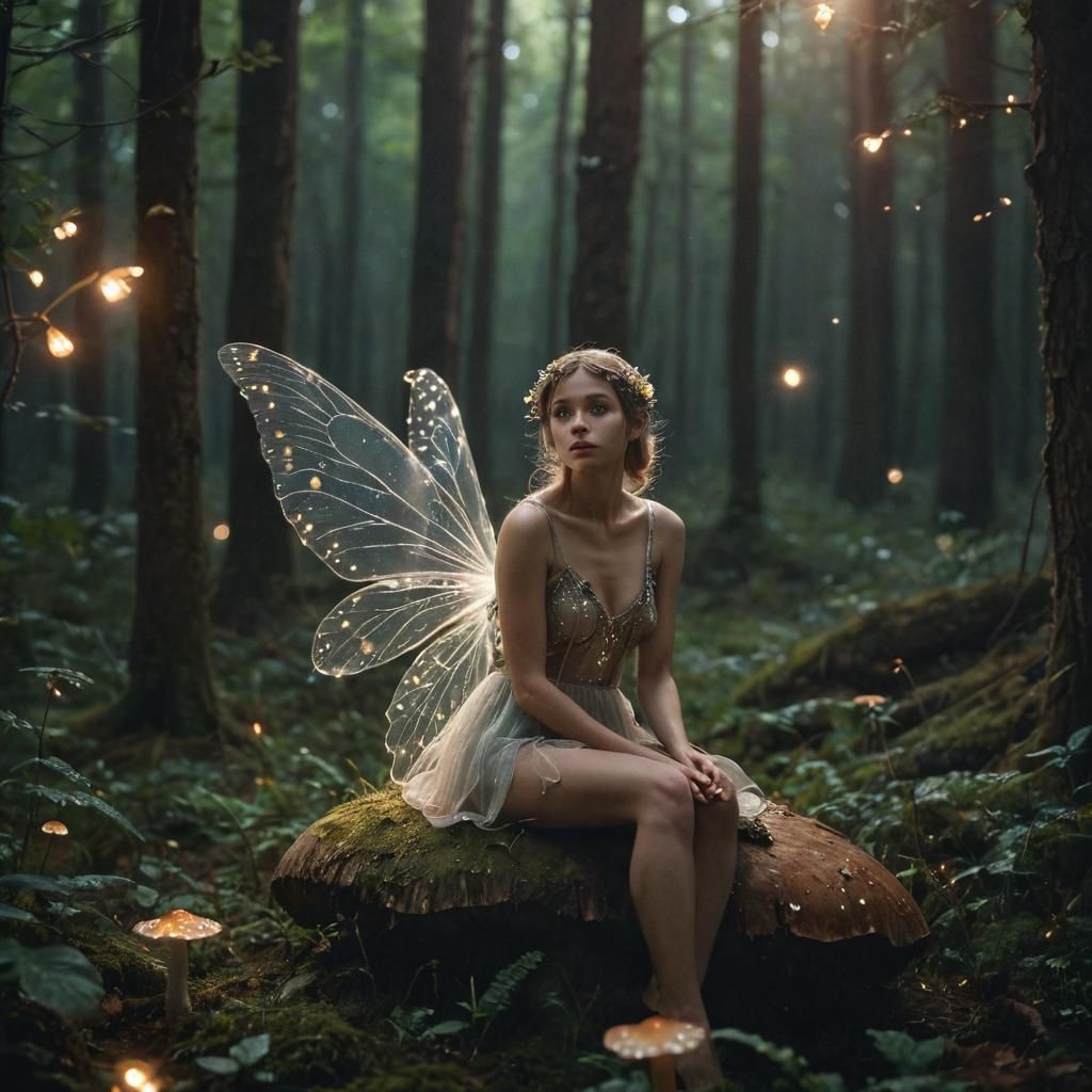 Moonlit Fairy in Forest, Surreal Light Art