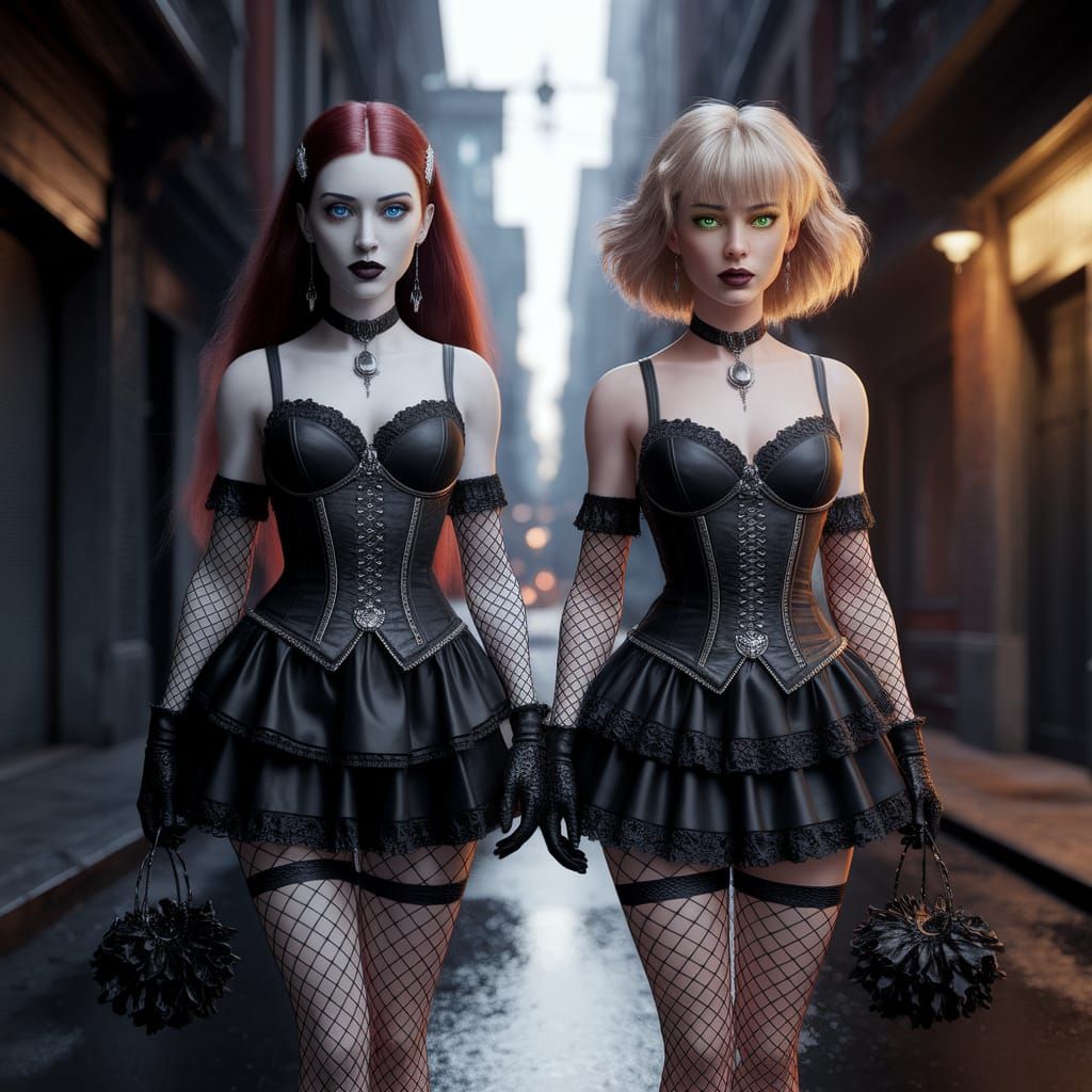 Gothic Women in Dark Alley, Hyperdetailed Fantasy Art