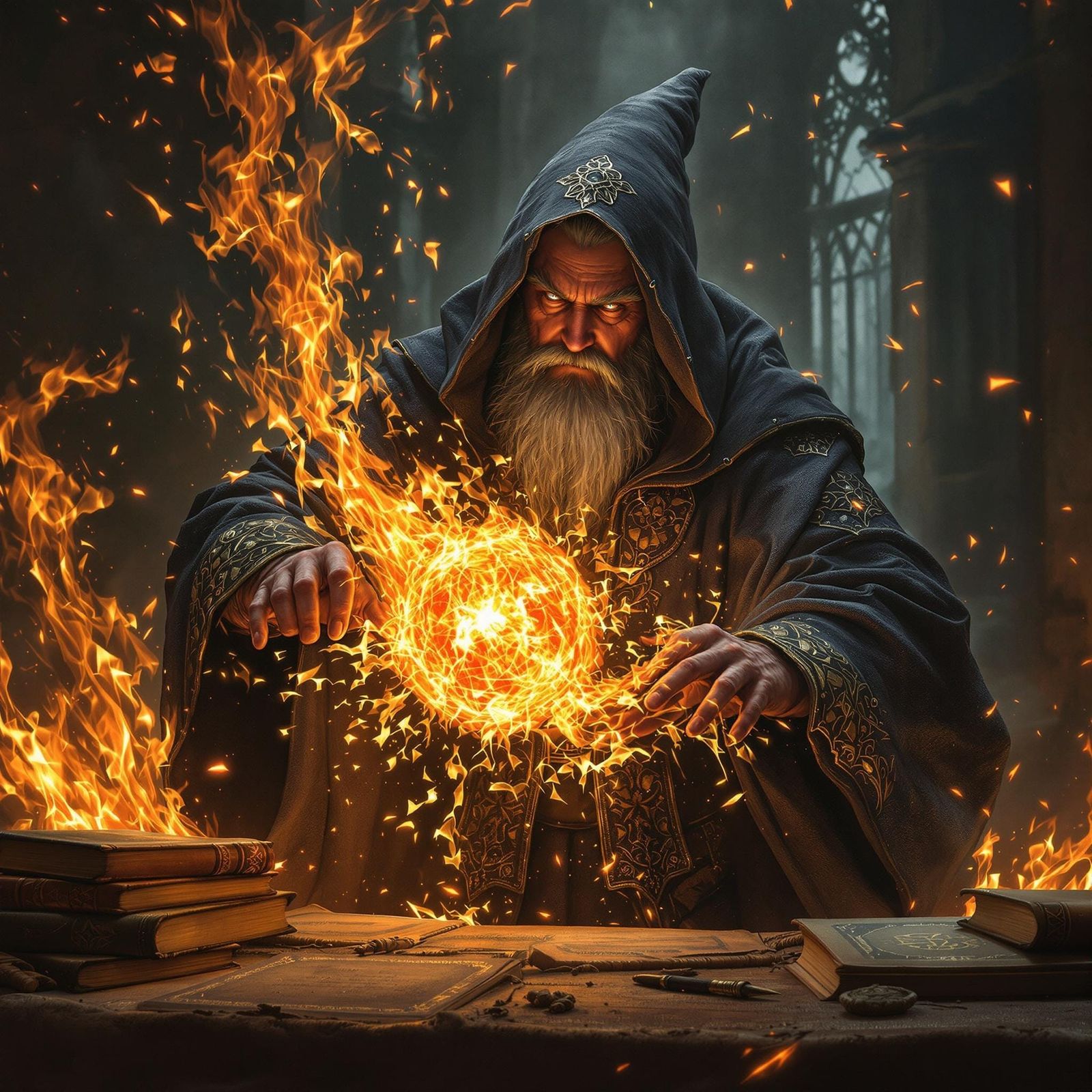 Wizard Casting Fireball Spell as Digital Art