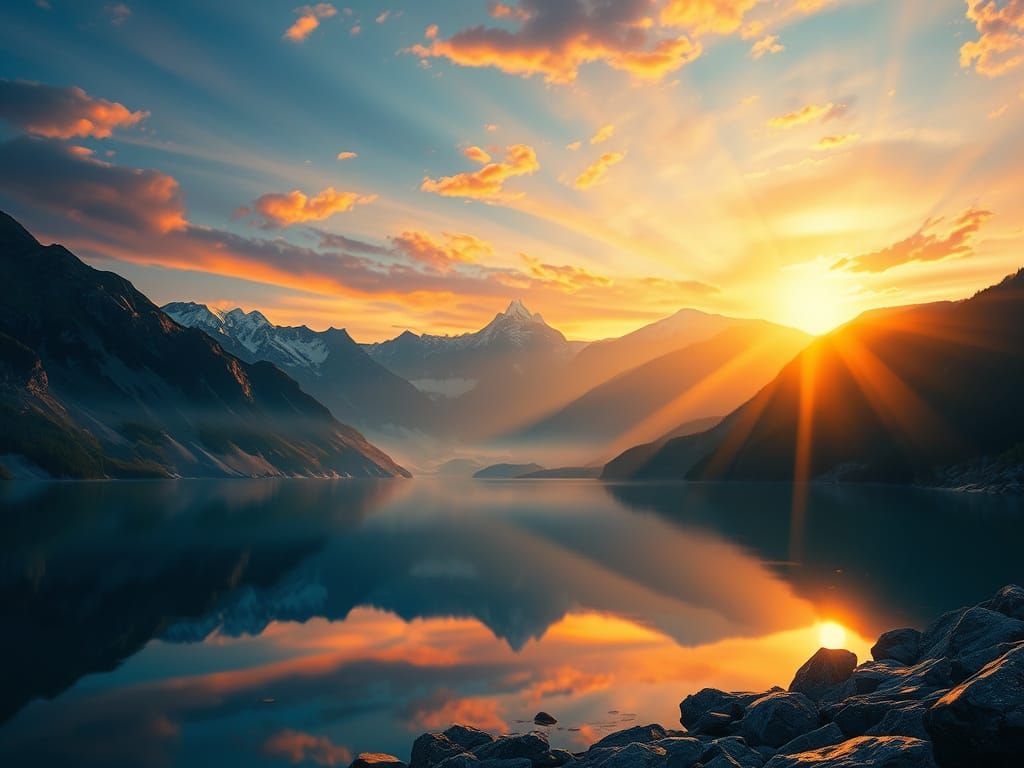 Bible-Inspired Sunset Over Mountain Lake in Photorealistic O...