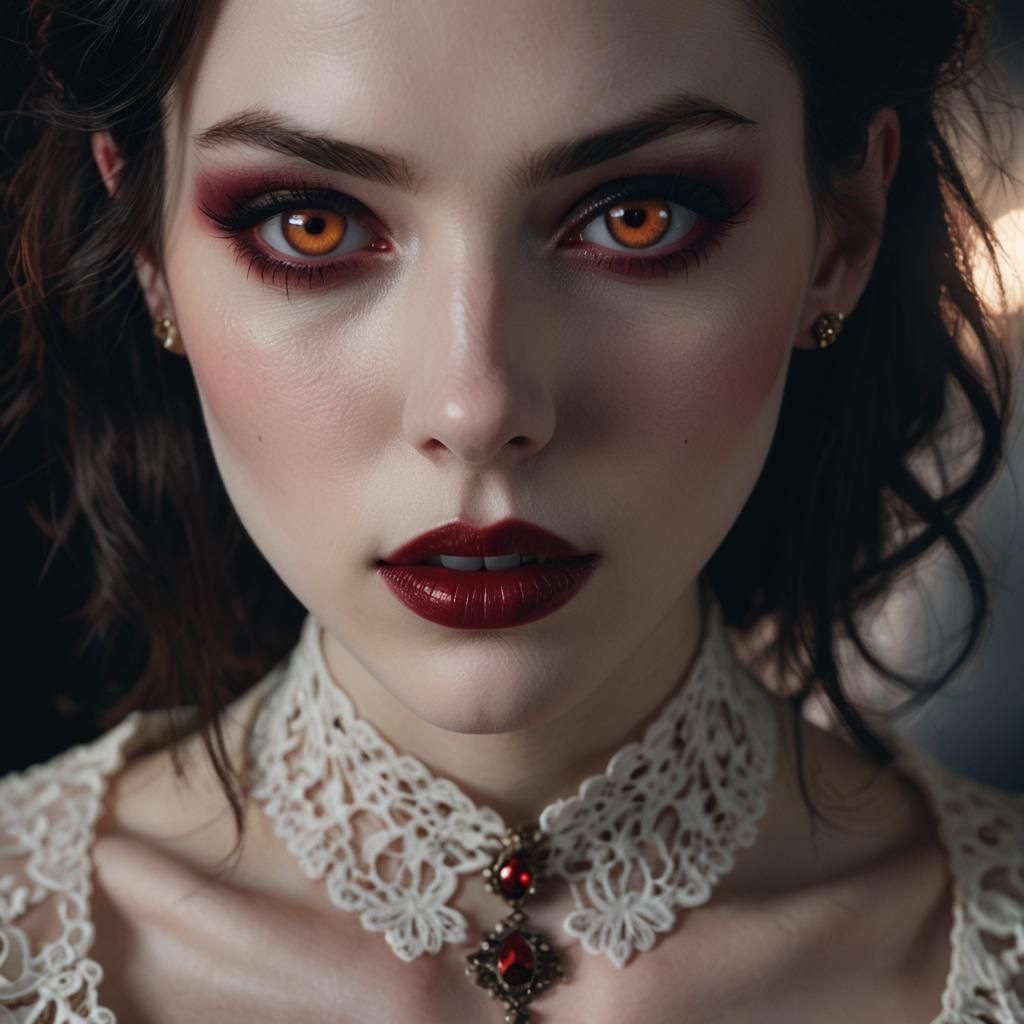 Vampire Girl Portrait with Pale Lips and Lace Choker