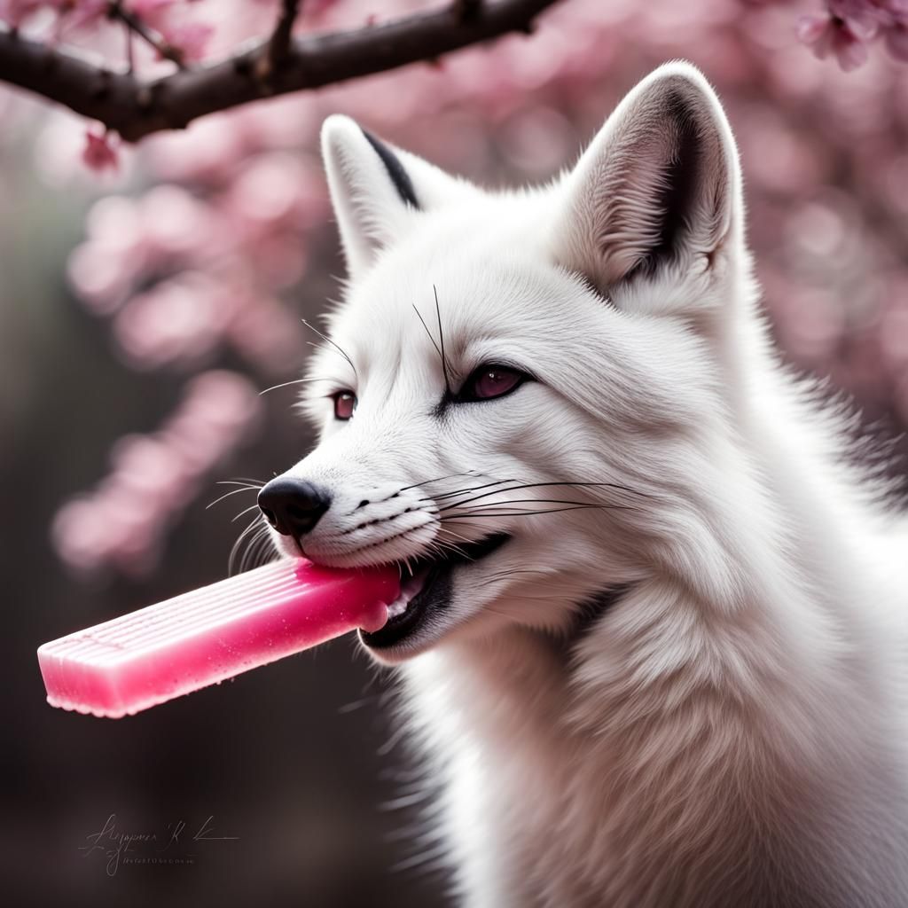 White Fox Licking Sakura Popsicle: Hyperrealistic Image