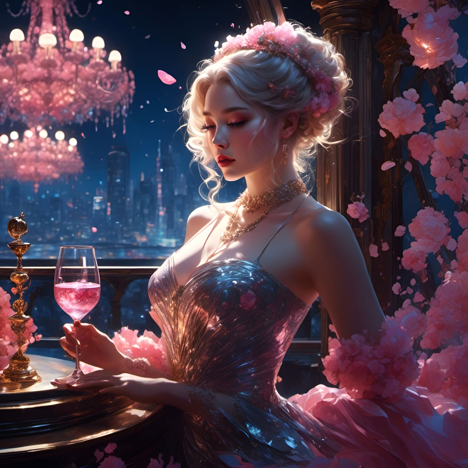 Lonely Pink Bartender Girl in Cyberpunk Style