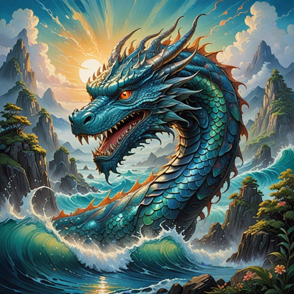 Ethereal Water Dragon Rises from the Ocean