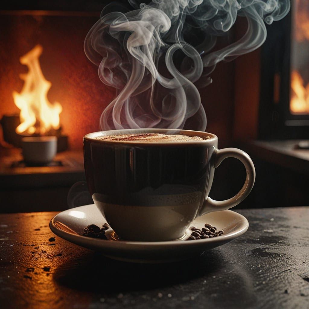 Steaming Coffee Cup with Glowing Embers in Dramatic Light