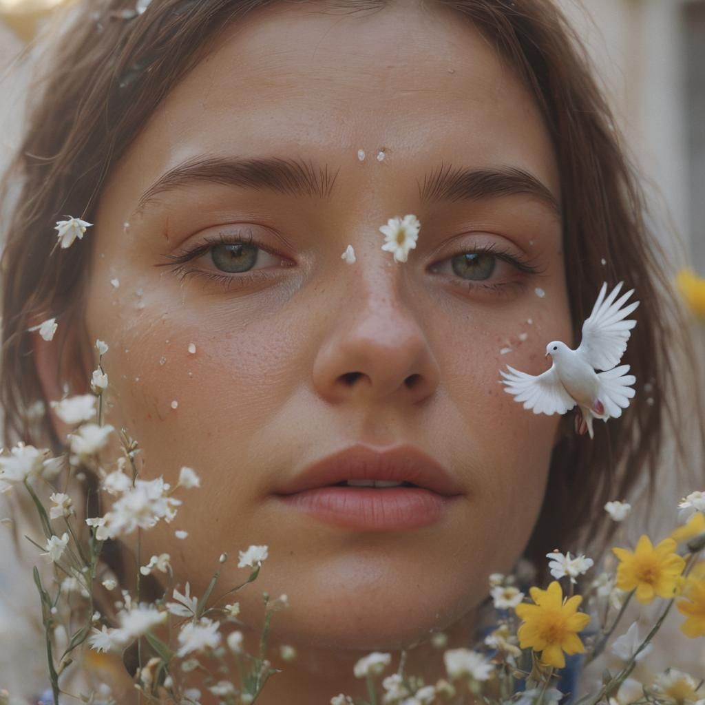 Cinematic Still of Ukrainian Flag, Dove, and Tears