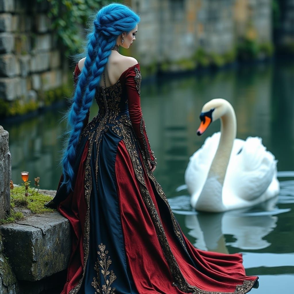 Enchanting Blue-Haired Princess in Crimson Medieval Gown