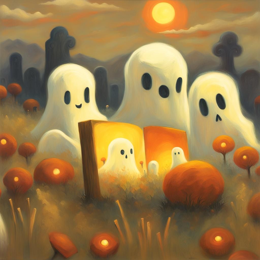 Cute Ghosts Floating in Graveyard Oil Painting