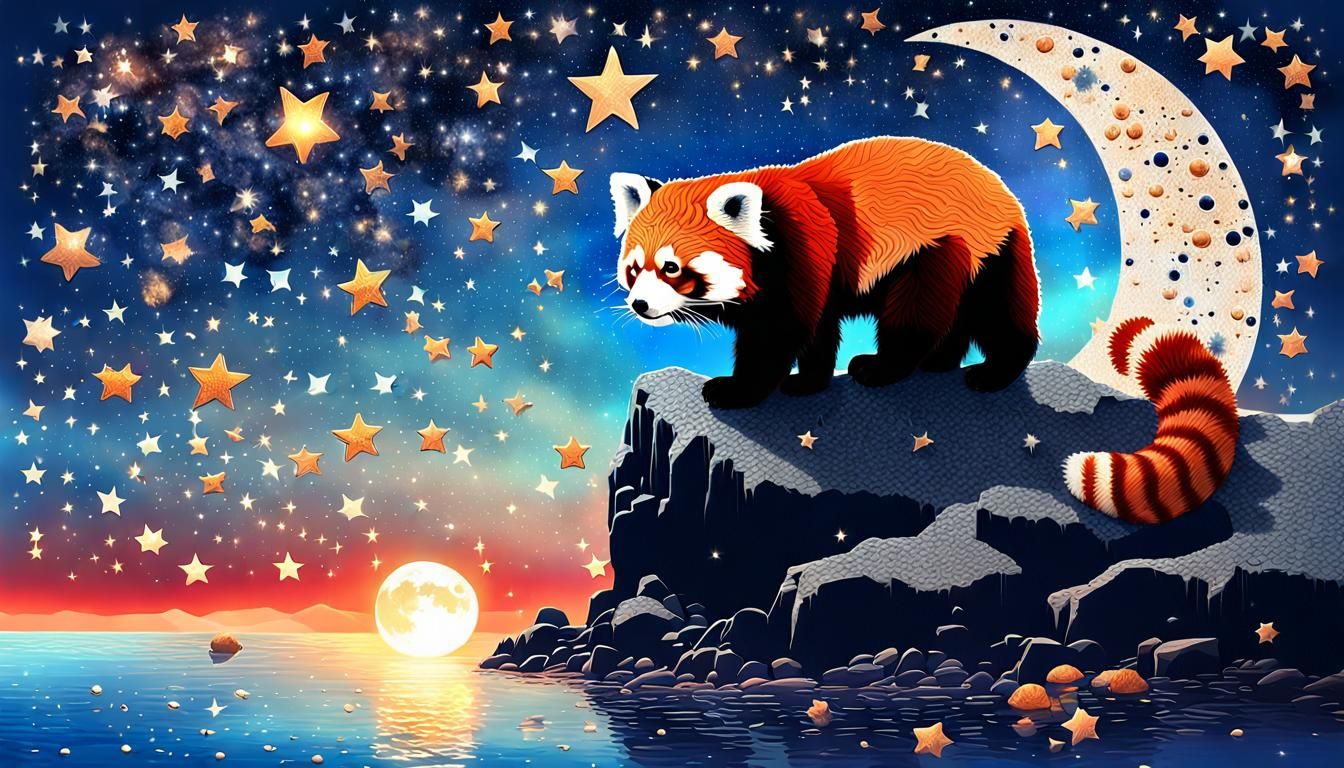 Red Panda's Starry Dream: Double Exposure Collage