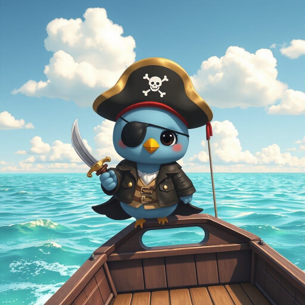 Cute Bluebird Pirate on Sunny Seas