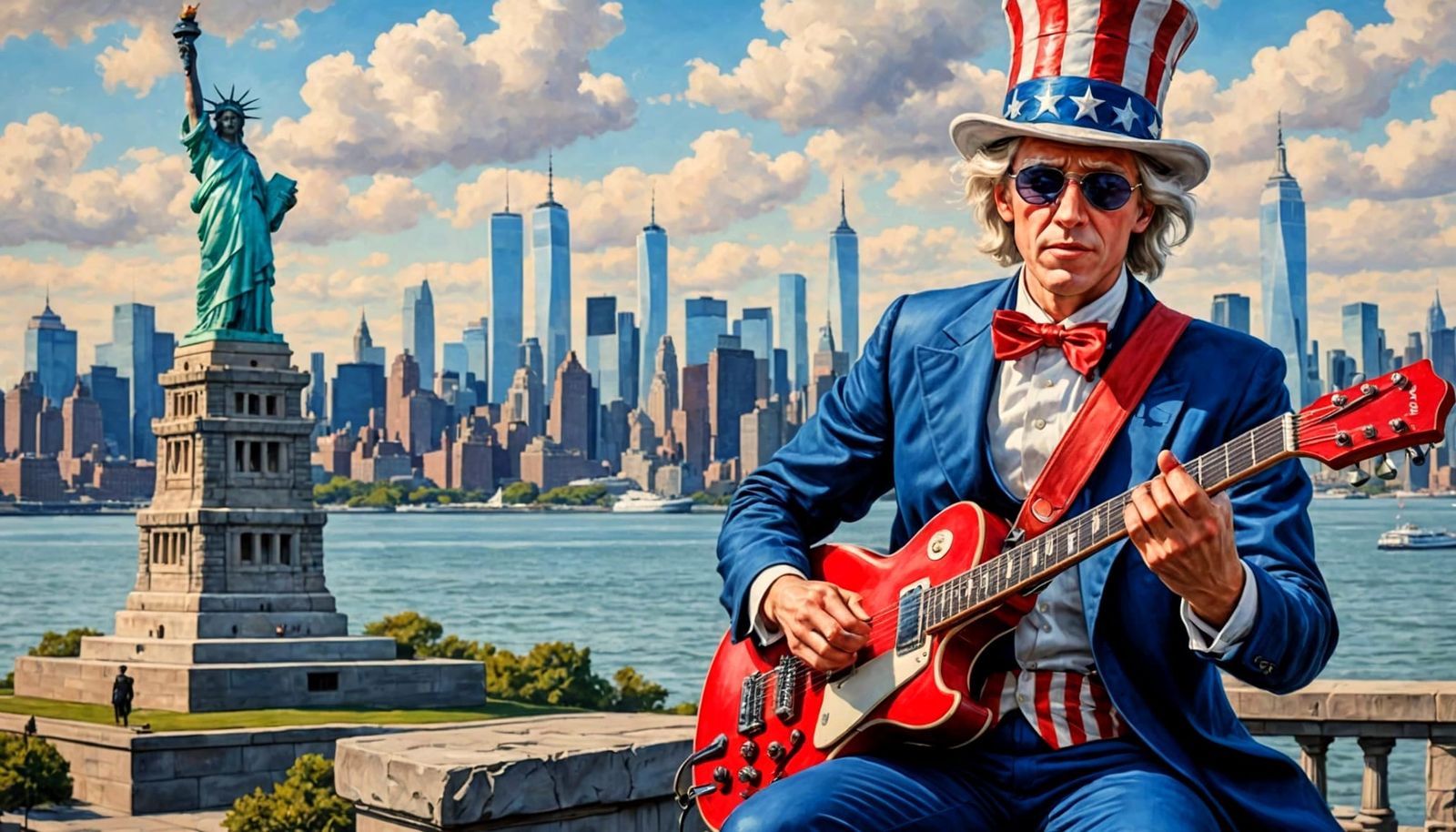 Uncle Sam Rocking the Guitar by the Statue of Liberty
