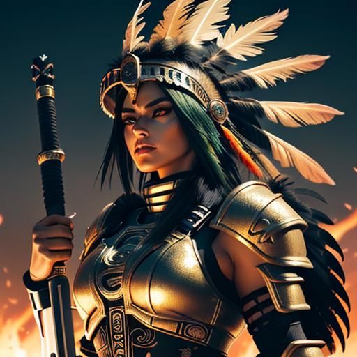 Aztec Warrior Woman in Cyberpunk Servo-Armor