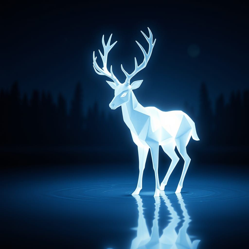 Radiant Ghostly Deer on Serene Lake in Papercraft Style