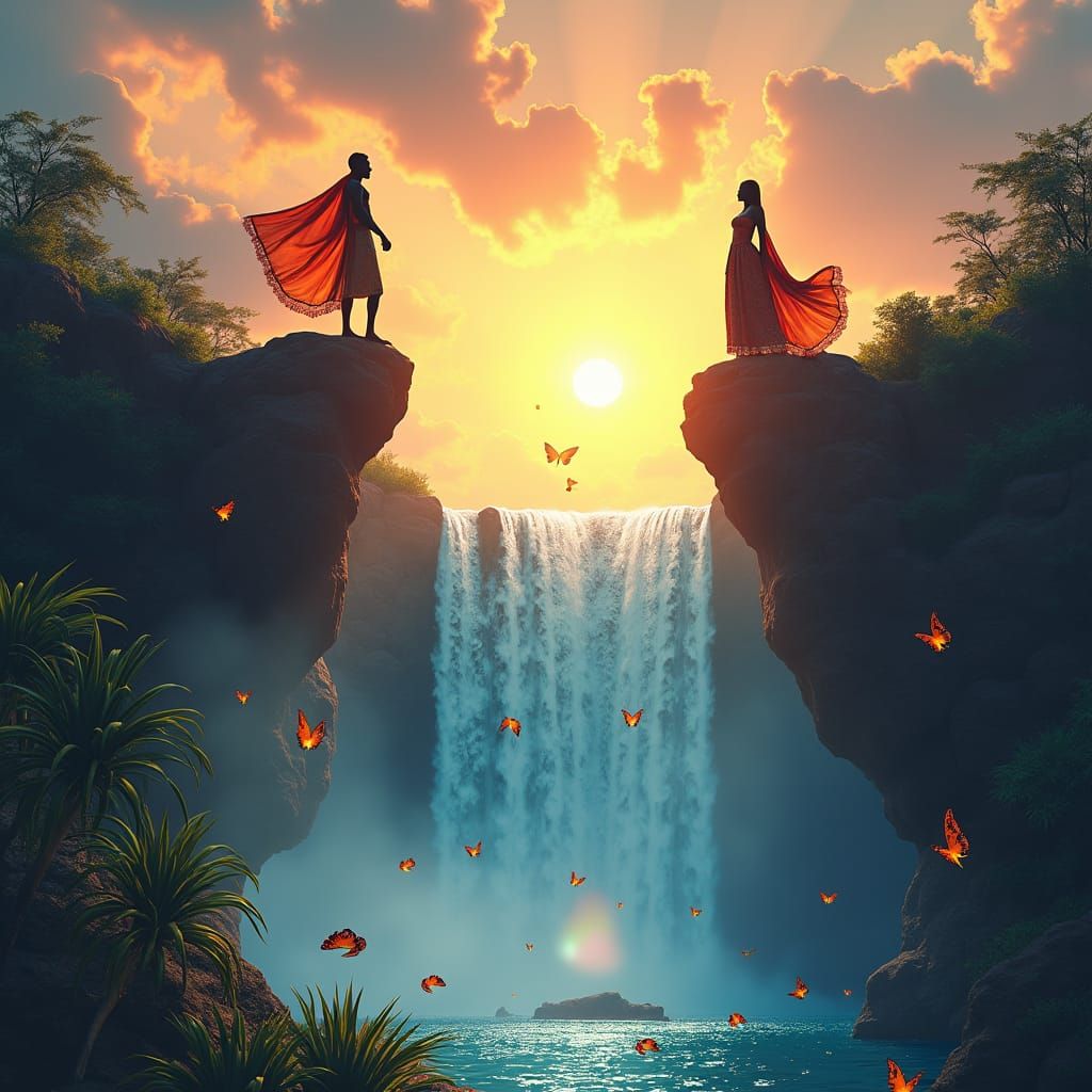 Mountains United by Waterfall: A Fantasy Concept Art
