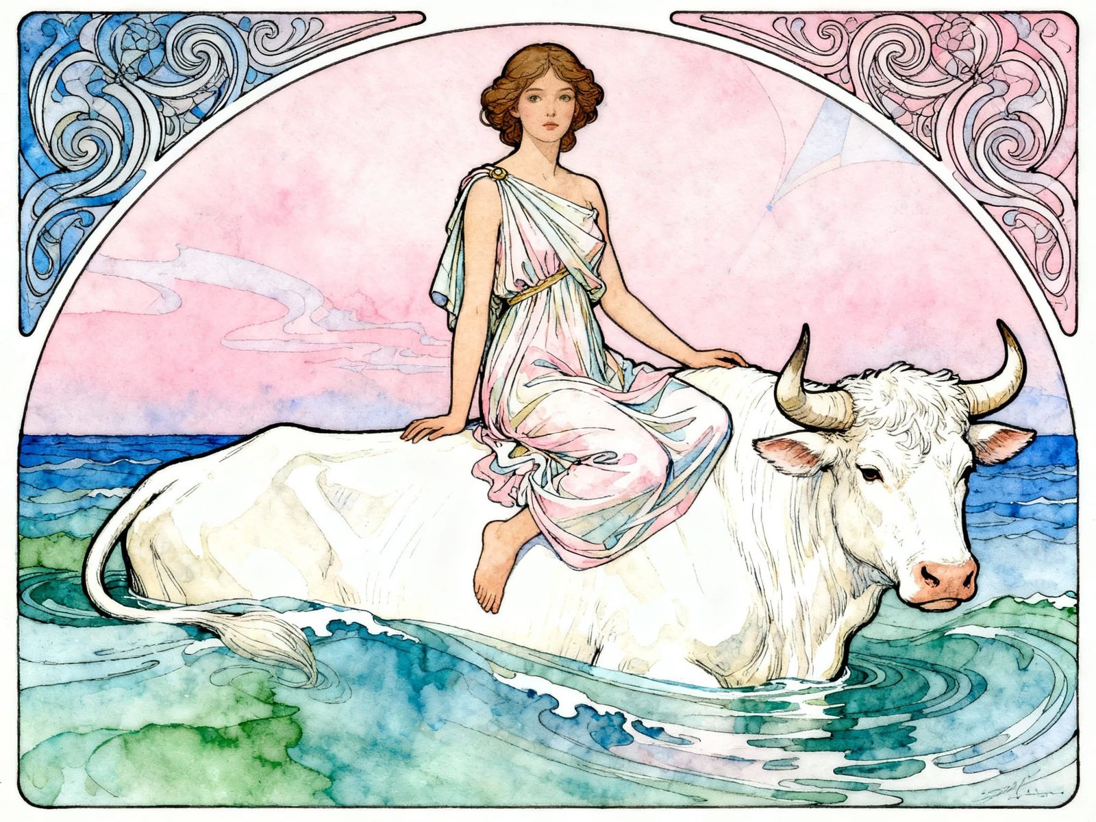 Europa Riding White Bull on Sea in Kandinsky Style