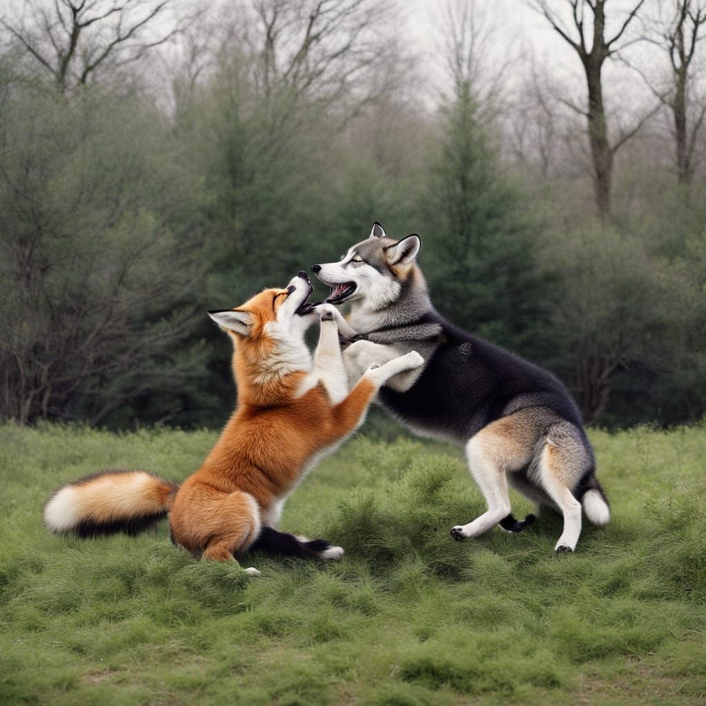 Fox Cub Playing with Huskies