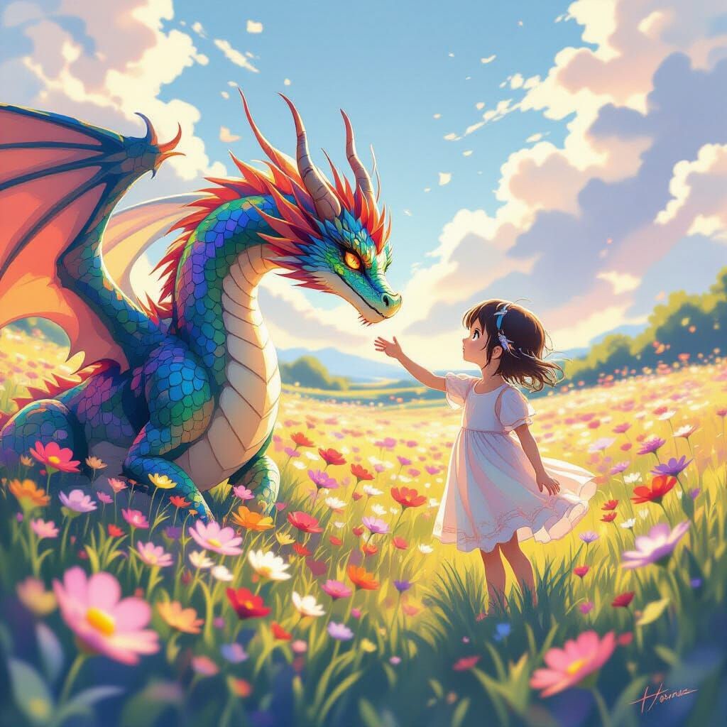 Child Touches Dragon in Rainbow Flower Field