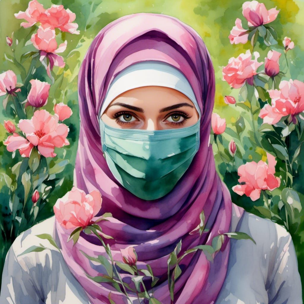 Watercolor Painting of Woman in Hijab and Mask