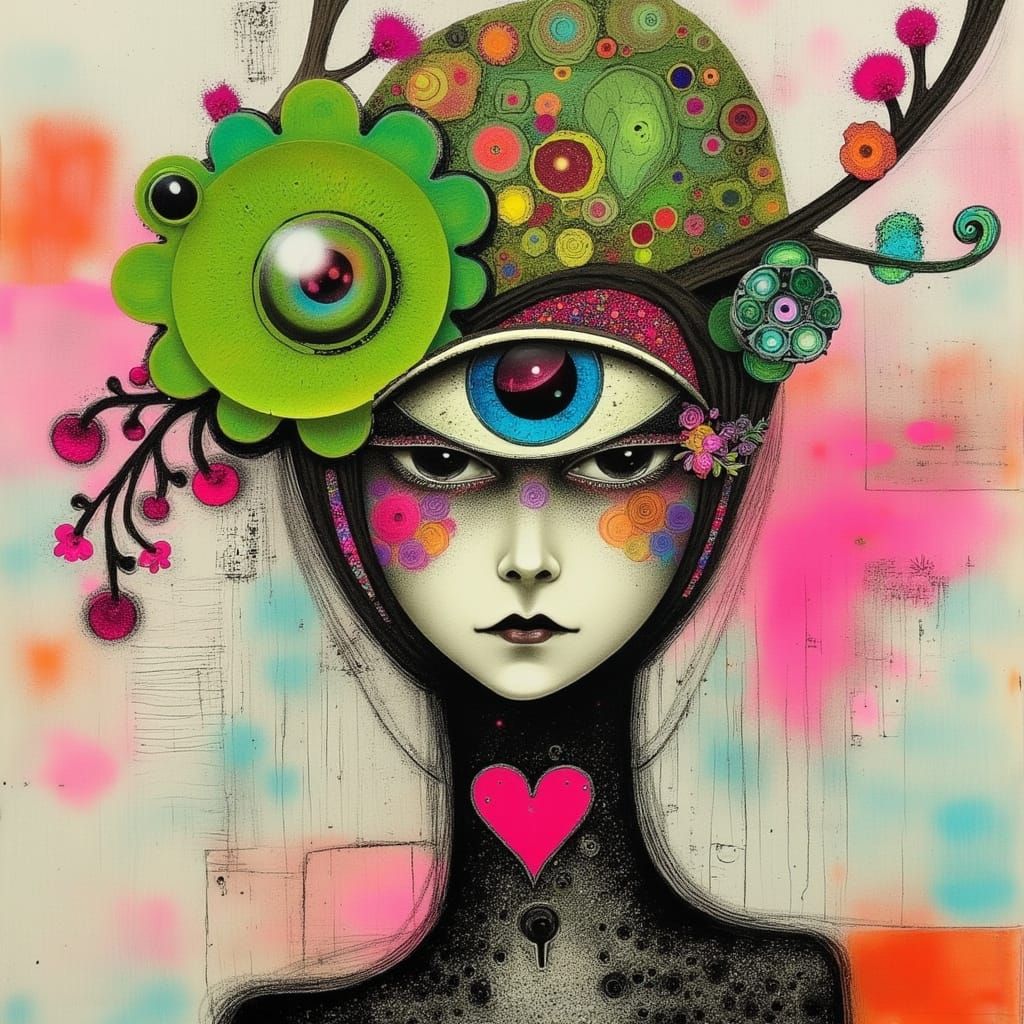Abstract Woman Wearing Kawaii Frog Beanie