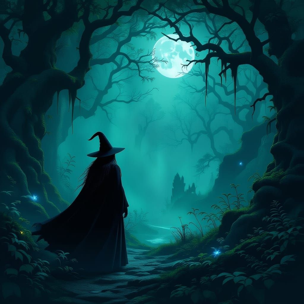 Solitary Witch in Moonlit Forest, Dark Fantasy Concept Art