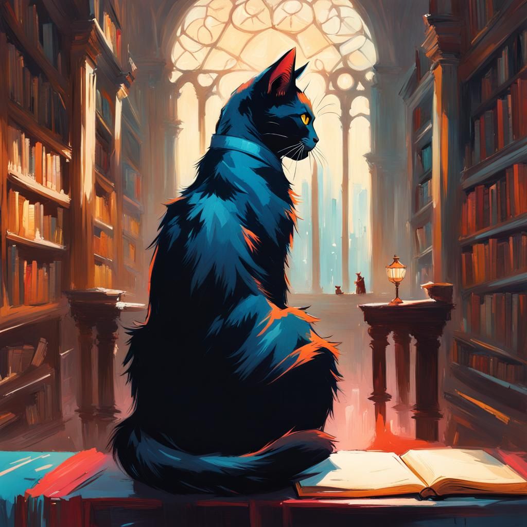 Mythical Cat Contemplates in Library, Gouache Painting