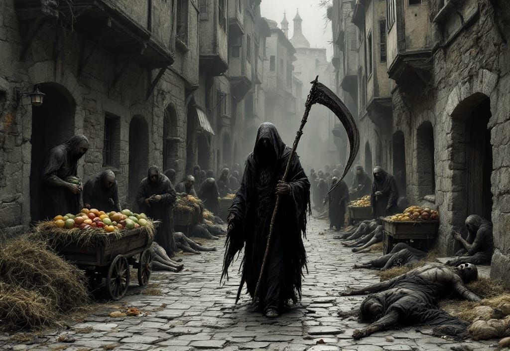 Grim Reaper in a Decaying Medieval Street