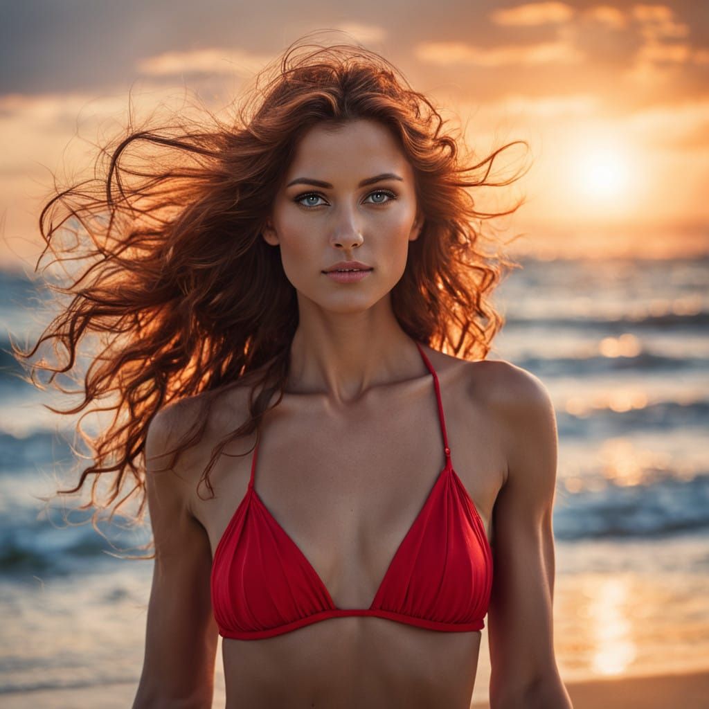 Radiant Angel in Red Bikini Captured in Moody, Beachside Por...