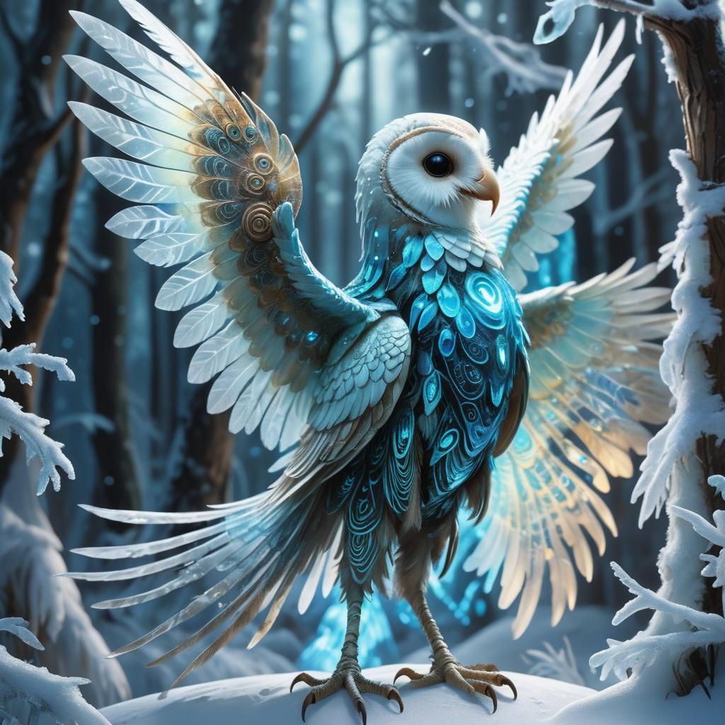 Bioluminescent Dragon Hybrid in Frozen Forest, Digital Art