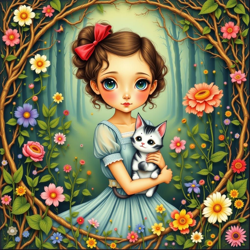 Girl with Cat in Beatrix Potter Style