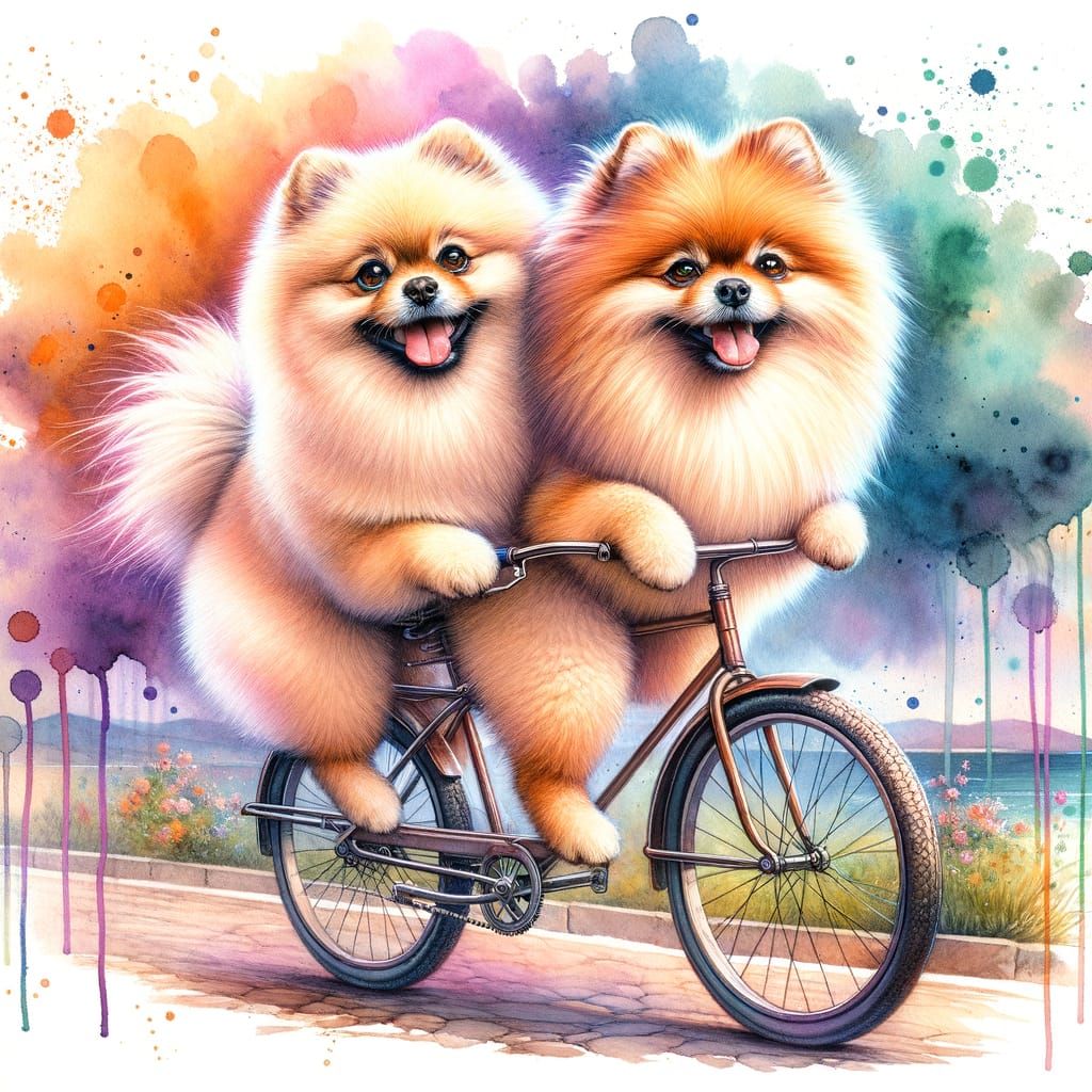 Pomeranian Dogs on Tandem Bike in Watercolor Style