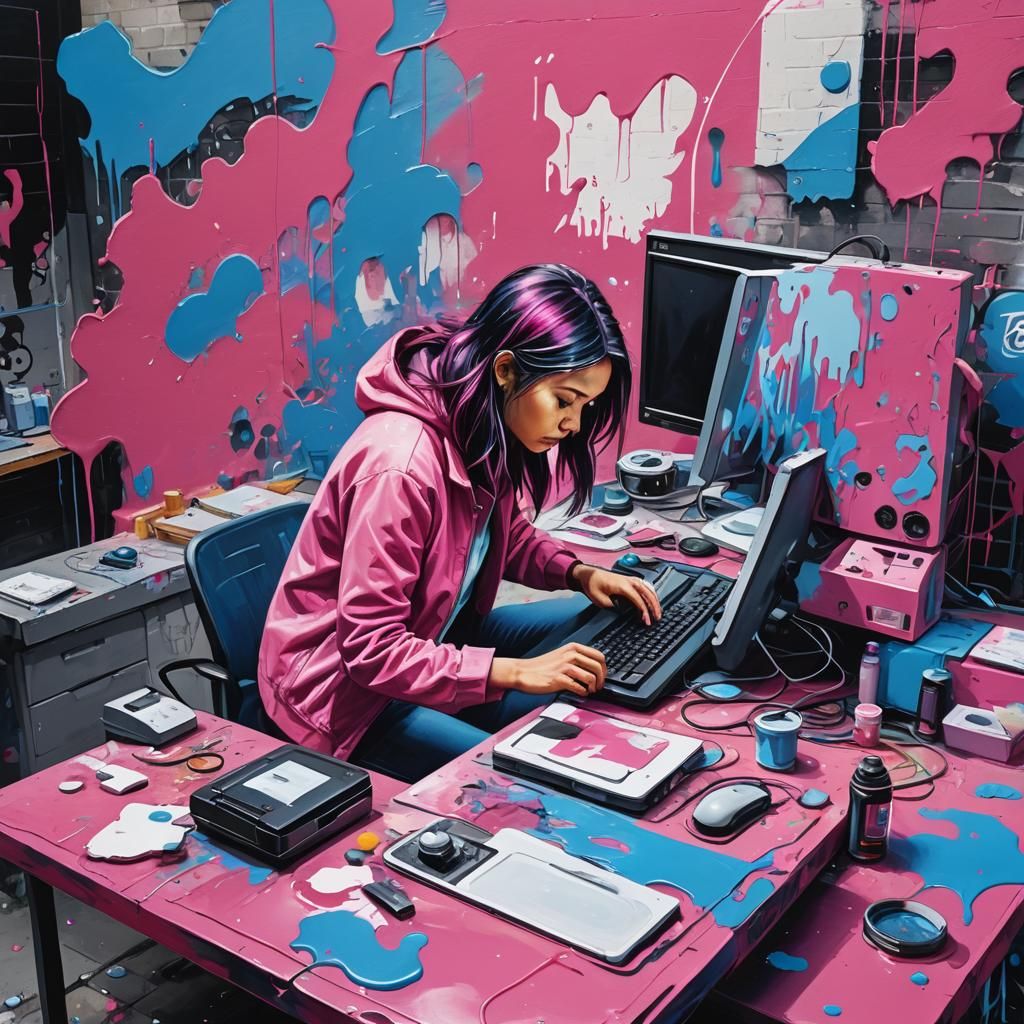 Woman at Pink Computer in Vibrant Street Art