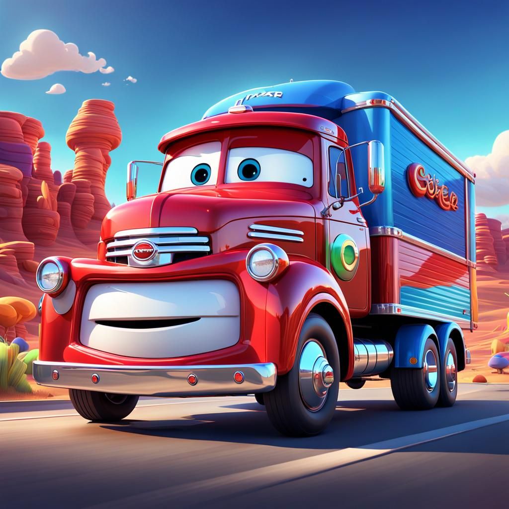 Friendly Cartoon Truck with Trailer in Pixar Style