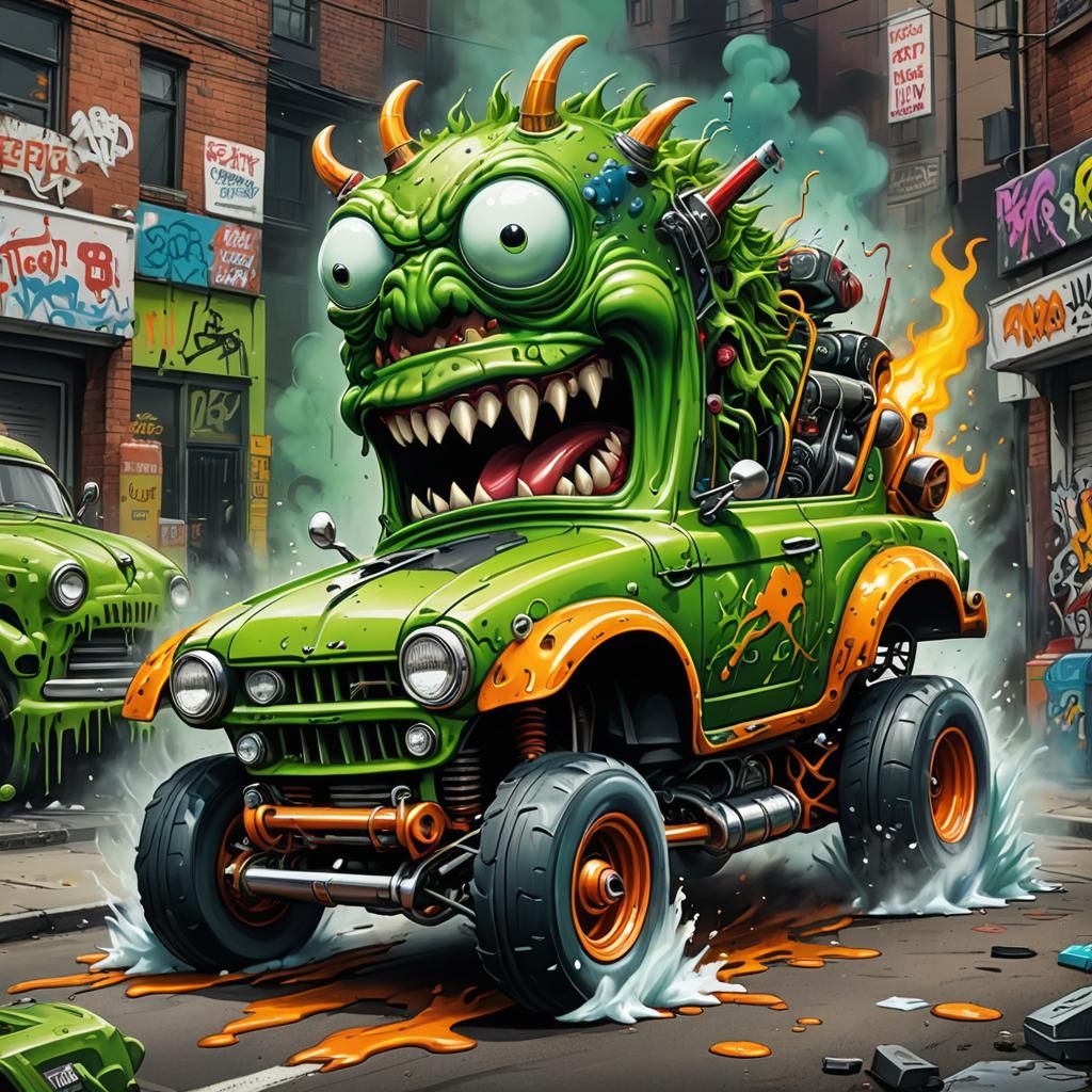 Green Monster Driving Hot Rod in Graffiti Art