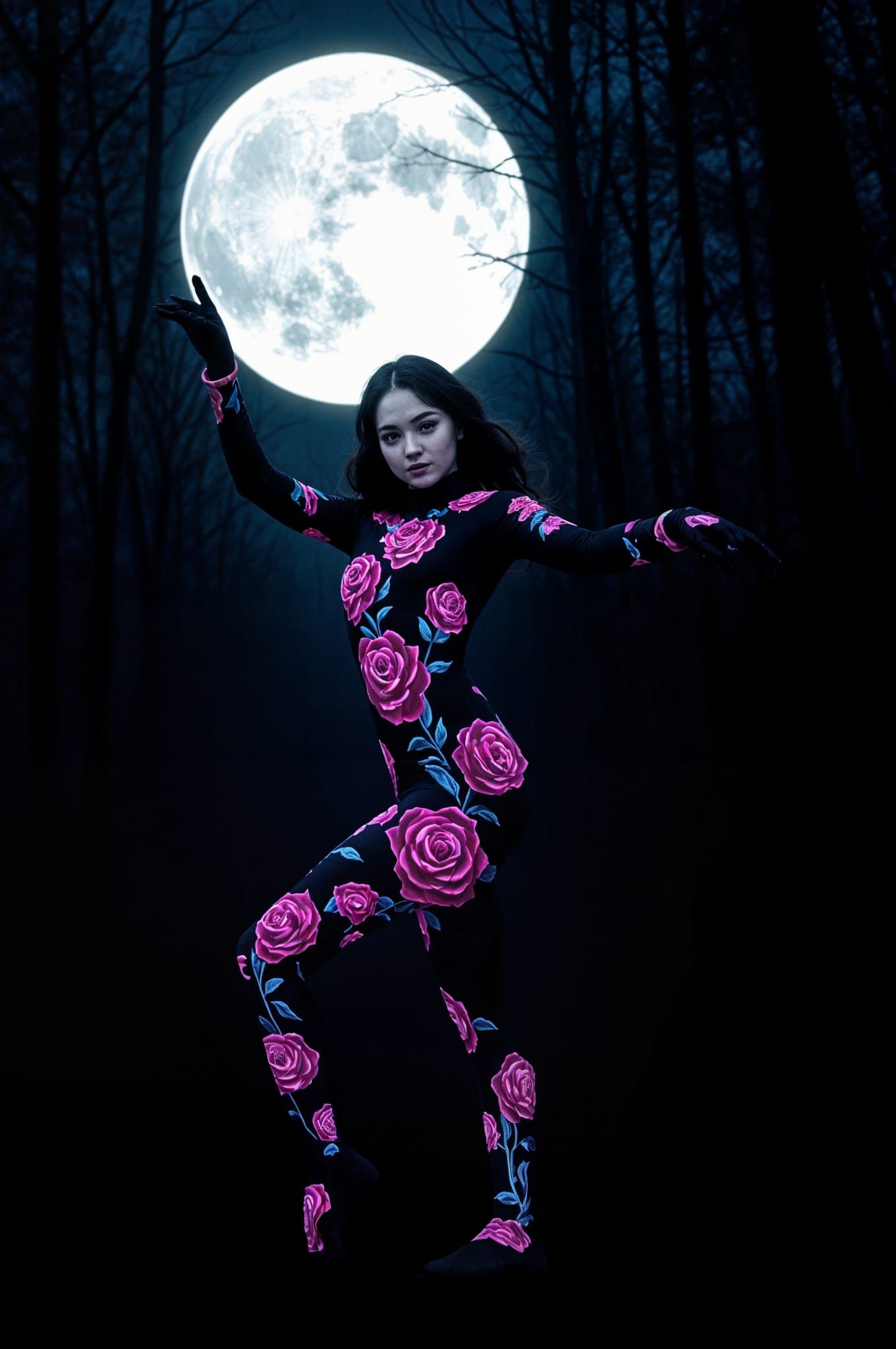 Woman Dancing in Glowing Zentai Suit Under Moonlight