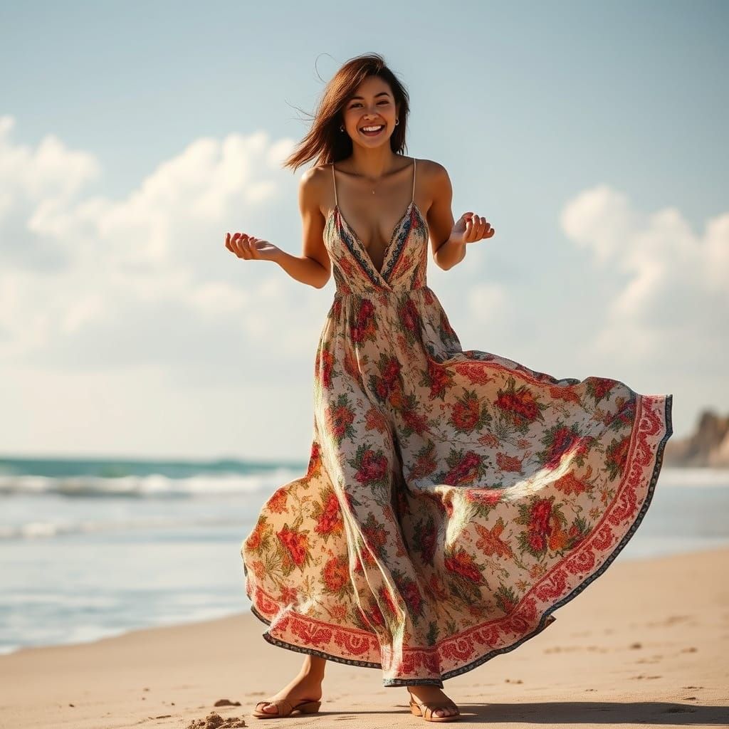 Oriental Woman in Bohemian Dress on Windy Beach