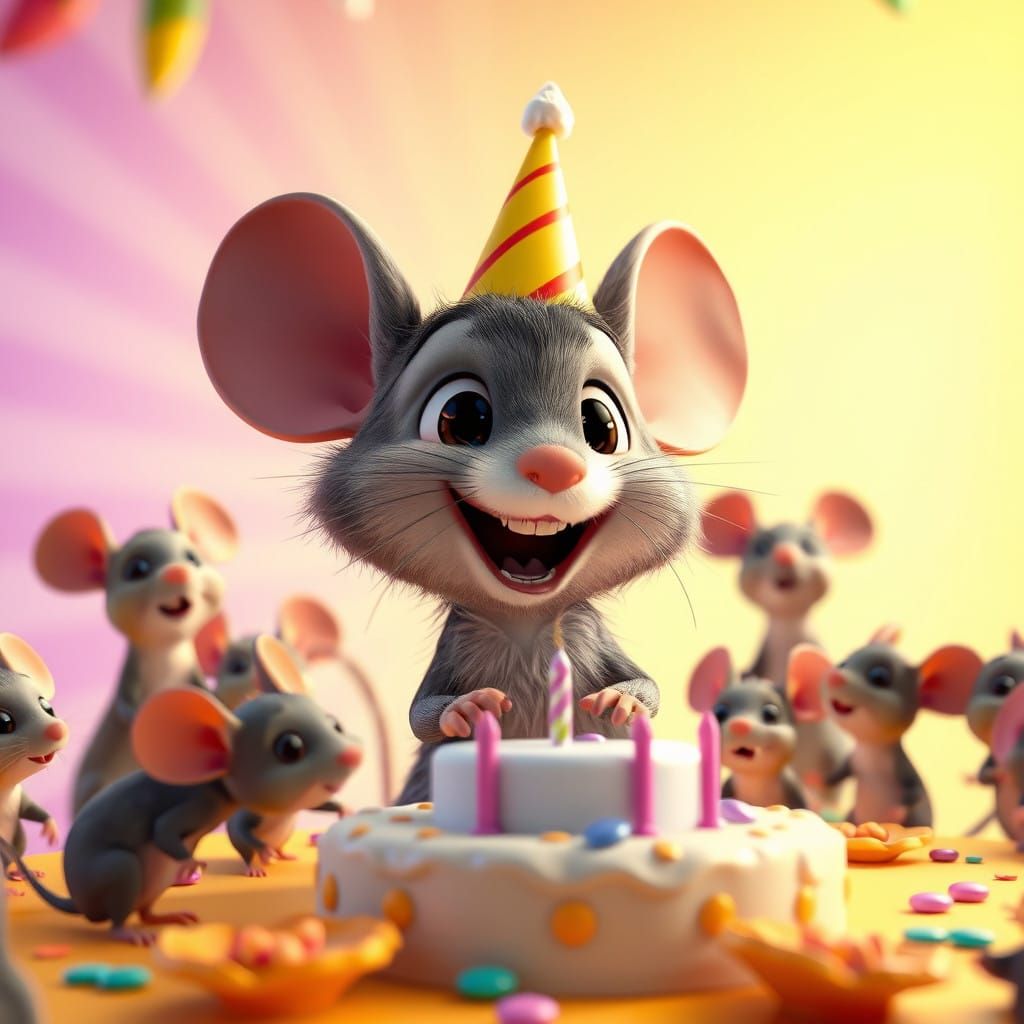 Whimsical Birthday Celebration of a Mouse in a Vibrant Pixar...
