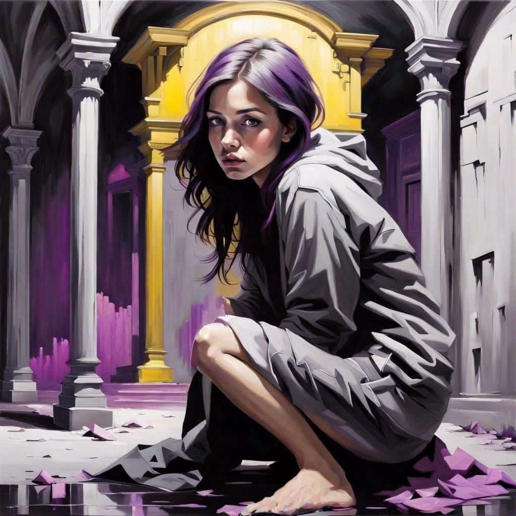 Mysterious Woman in Abandoned Mansion: Matte Oil Painting